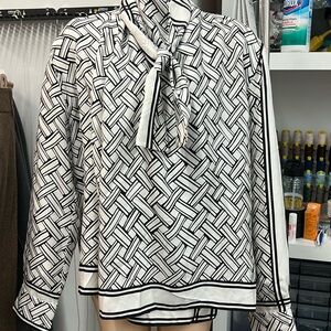 Bottega Veneta black and white scarf print wrap front blouse
